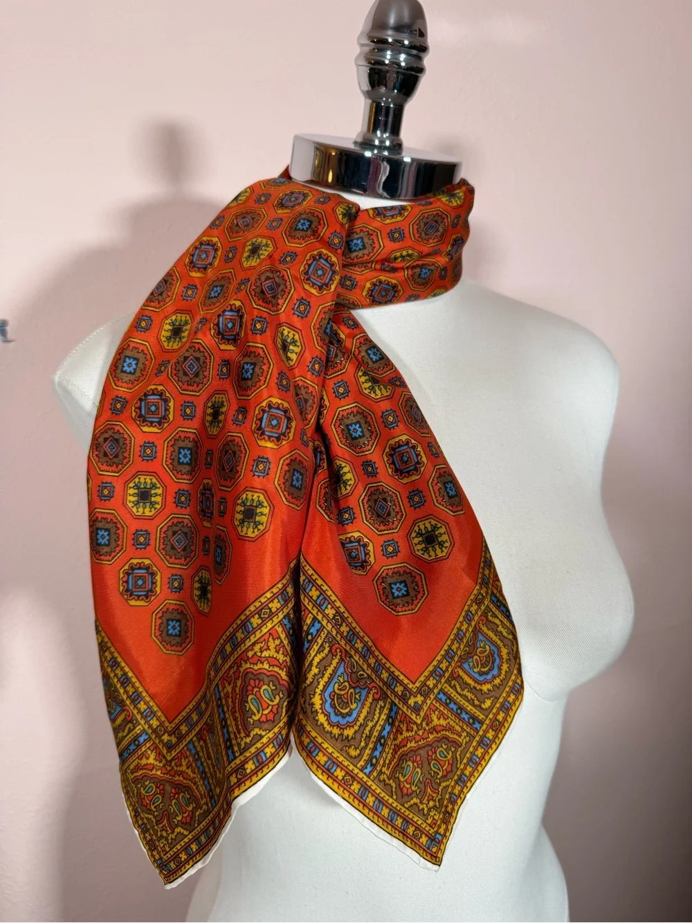 Vintage Art deco burnt orange blue geometric modernist square scarf